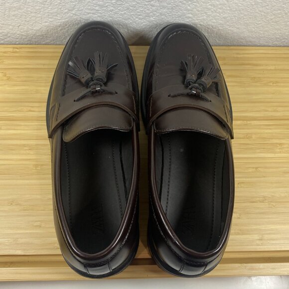 Zara Man Brown Leather Tassel Loafers Lug Sole Dress Shoes US 8 (Zara EU 41) - Picture 3 of 9